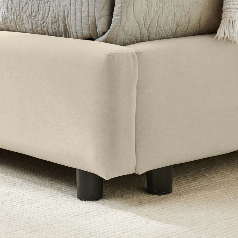 Structure de lit double capitonnée en velours, dossier de canapé avec dossier confortable et accoudoirs, Beige