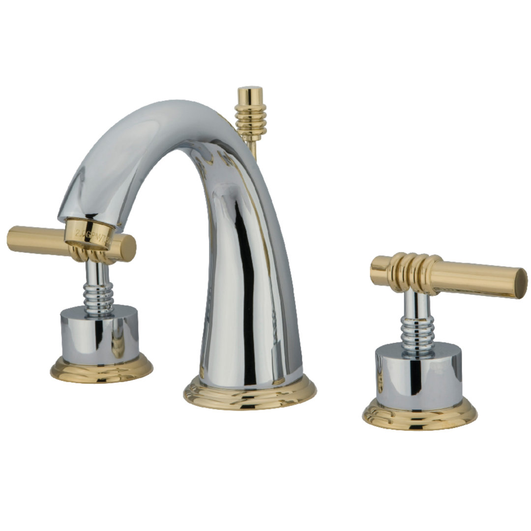 Kingston Brass Milano Two-Handle 3-Hole Deck Mount Widespread Bathroom Faucet with Brass Pop-Up Drain Kingston Brass 