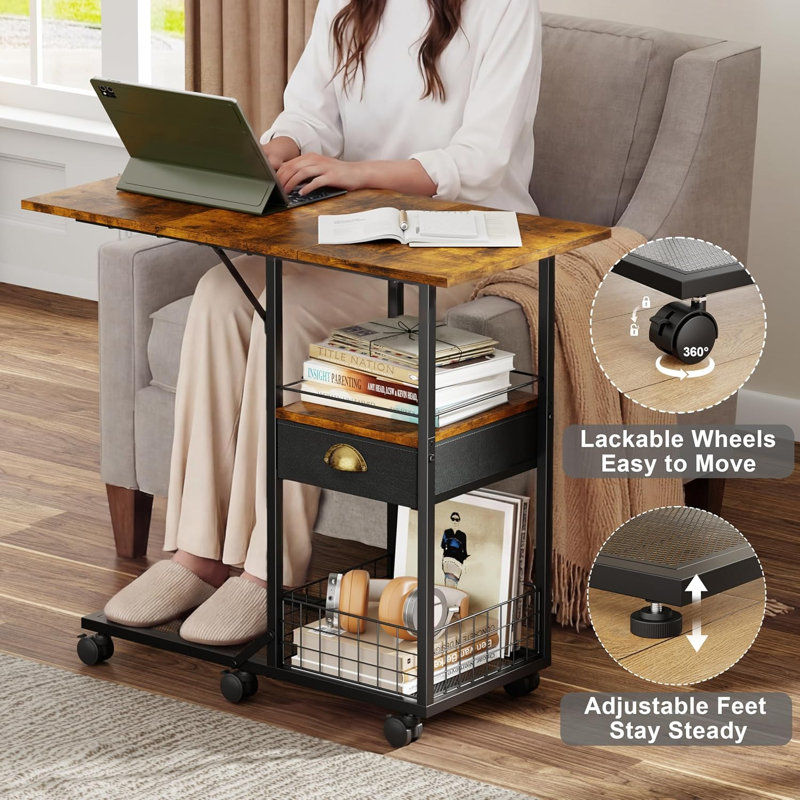 Table basse roulante avec plateau en bois surdimensionné à double largeur, plateau de télévision mobile avec tiroir de rangement et roulettes pour canapé, table d'appoint portable pour le salon, bureau personnel, bureau spacieux pour travailler