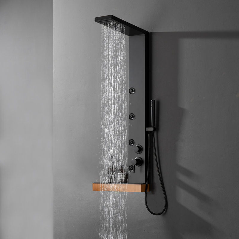 Double système de panneau de douche à pluie 4 jets 3-en-1 avec pomme de douche à effet pluie, tablette en noir mat
