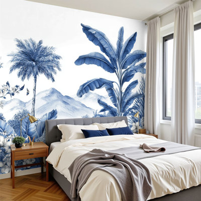 Papier peint adhésif à motif de feuilles tropicales avec feuilles de palmier tropicales bleues sereines et feuilles de palmier détaillées H 69 po x l 96 po, papier peint adhésif amovible en PVC pour chambre à coucher, bureau à domicile