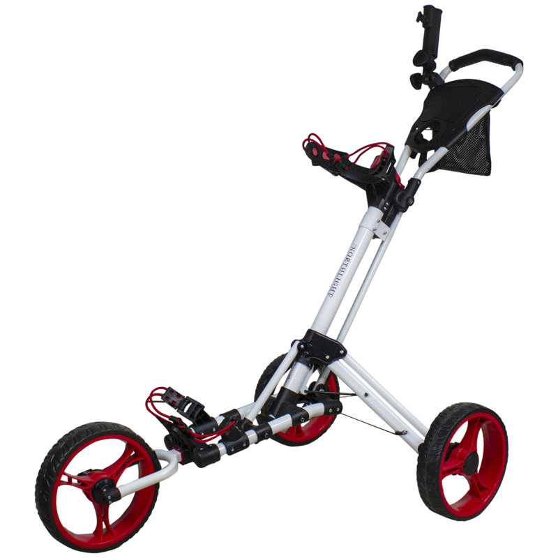 48" White And Red Easy Folding 3 Wheel Golf Bag Push Cart