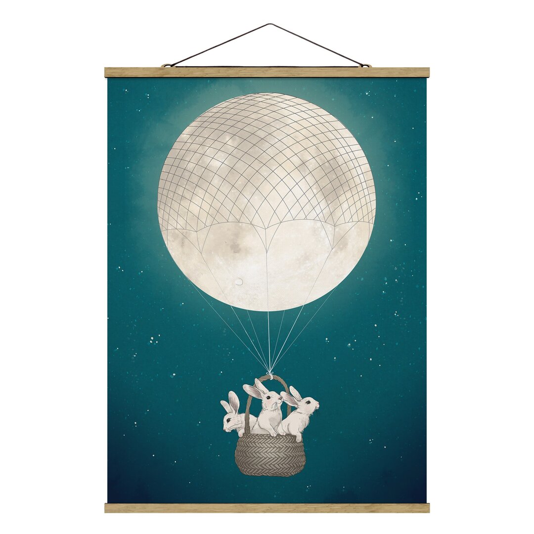 Stoffbild Illustration Hase Mond Heißluftballon Sternenhimmel