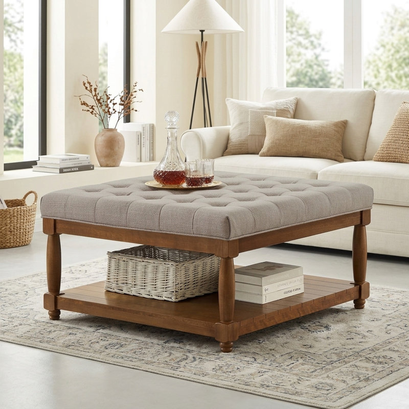 Table basse ottomane carrée capitonnée classique FFZ 33,5 po avec tablette de rangement en bois massif et revêtement en lin