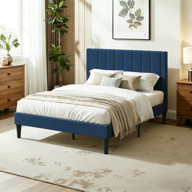 Modern Upholstered Platform Bed With Seamless Headboard, No Box Spring Needed, Full Size, Queen Size, King Size, Blue, Queen