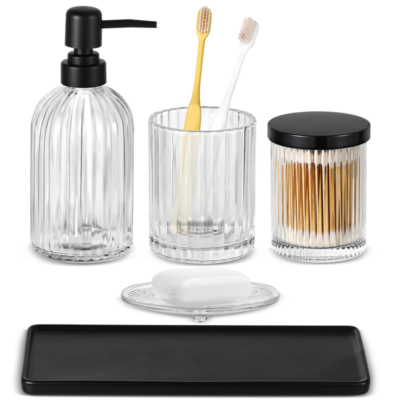 Ensemble d'accessoires de salle de bain, 5 pièces d'accessoires de salle de bain en verre transparent avec distributeur de savon, porte-brosse à dents, support Cotton Swab, porte-savon, plateau en céramique, meuble-lavabo de comptoir