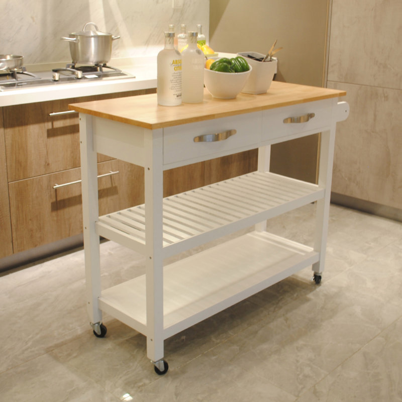 Kitchen Island & Kitchen Cart, Rubber Wood Top, Mobile Kitchen Island With Two Lockable Wheels, Simple Design For Easy Storing And Fetching, Two Drawers Give Unique Storage
