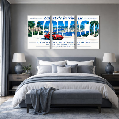 Red Porsche 911 Turbo Monaco Cityscape Typography Set Of 3 Canvas Wall Art