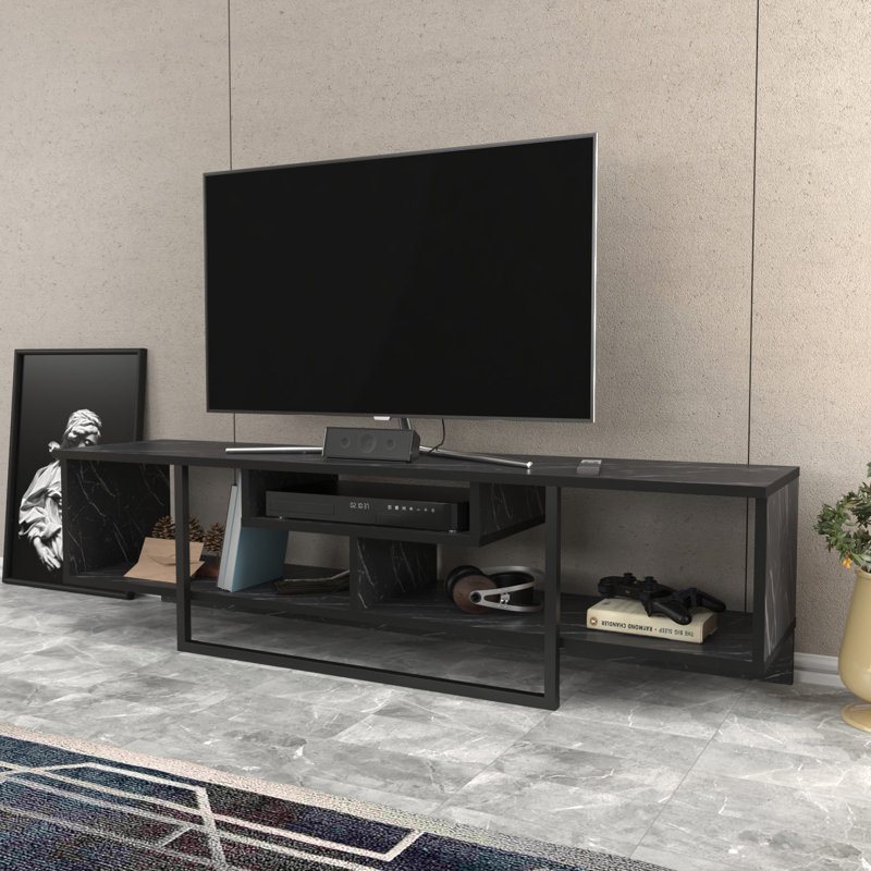 Meuble télé moderne noir 59,1 po x 13,9 po x 15,7 po | 100% panneau de particules enduit de mélamine, épaisseur: 0,7 pouce | Design industriel en marbre, parfait pour le salon et les espaces de divertissement, élégant et durable