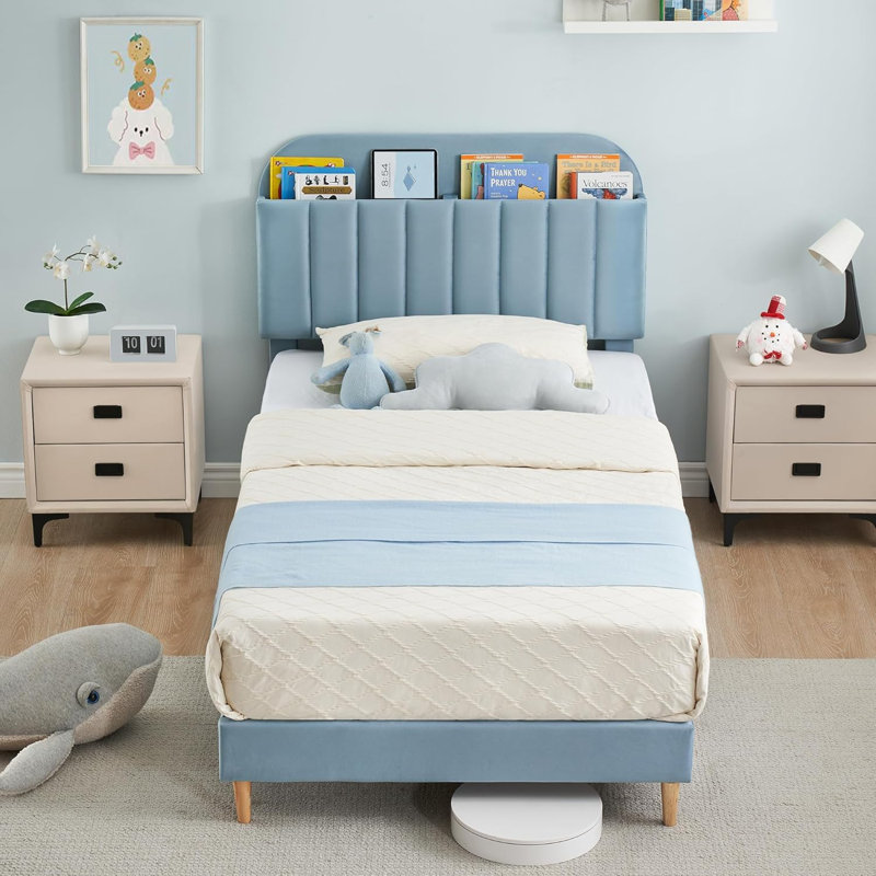 Soleigh Upholstered Slat Bed, Blue, Twin