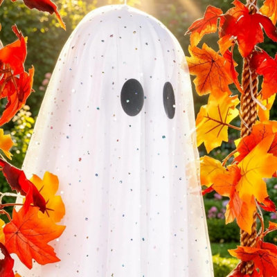 Hanging Swinging Ghost Halloween Decor, Hanging Ghost Decor with a Maple Leaf Swing, Spooky Cute Lighted Ghosts Ornament for Tree, Yard, Porch, Garden