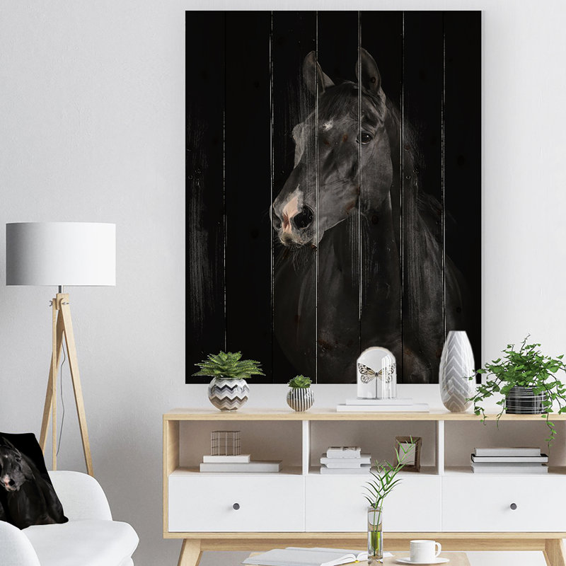 Cheval noir dans l'obscurité - peinture sur bois sans cadre, H 32 po x l 16 po x P 1 po