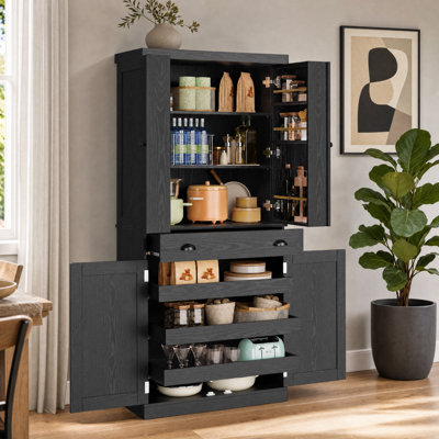 Kitchen Pantry Cabinet With Sliding Storage Rack And 6 Hanging Shelves