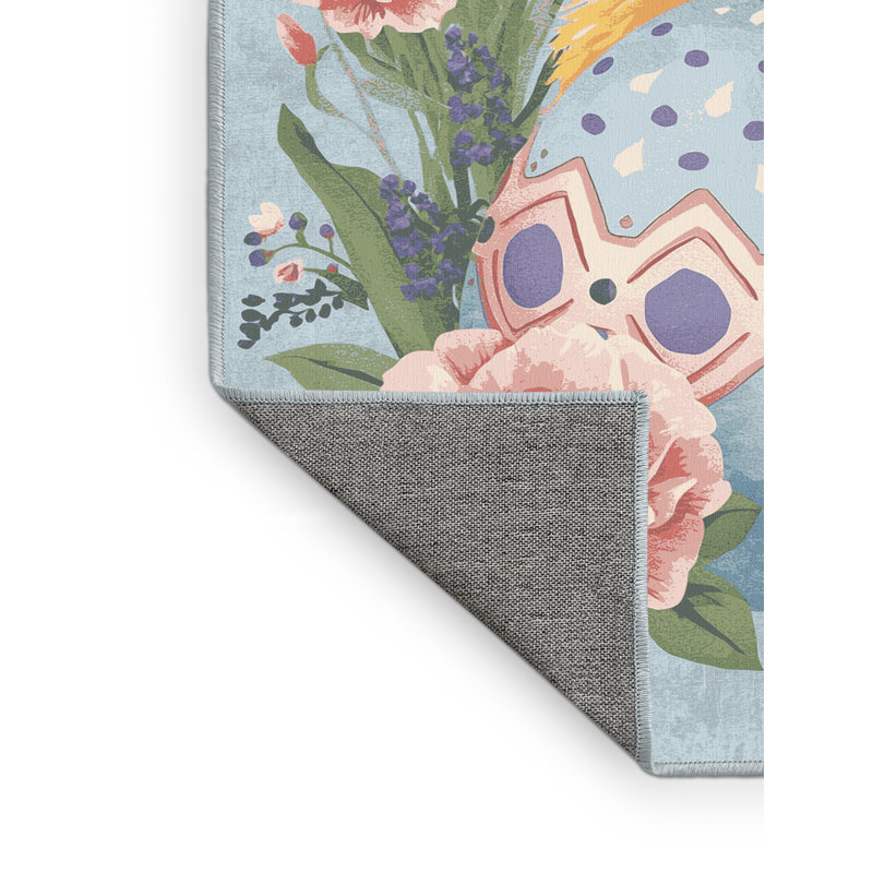 Machine Washable Andrus Easter Modern & Contemporary Abstract Rug in Gray – SkyBlue Binding, 6x9