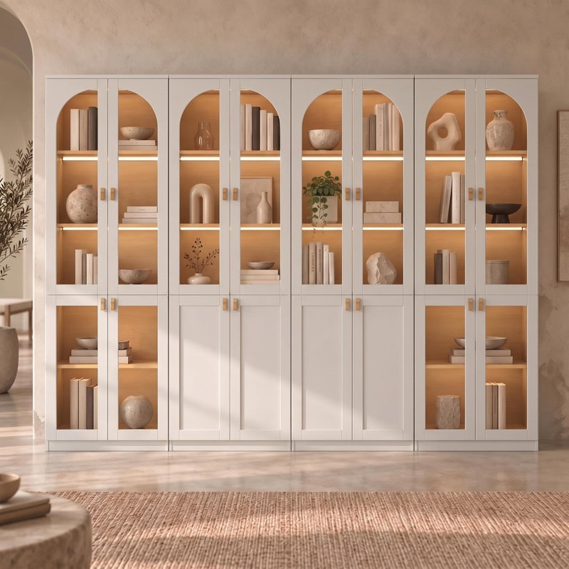 Bibliothèque blanche H 71 po x l 94,4 po avec portes et tablettes en verre Cathcart, H 71 po x l 94,4 po x P 13,6 po, White