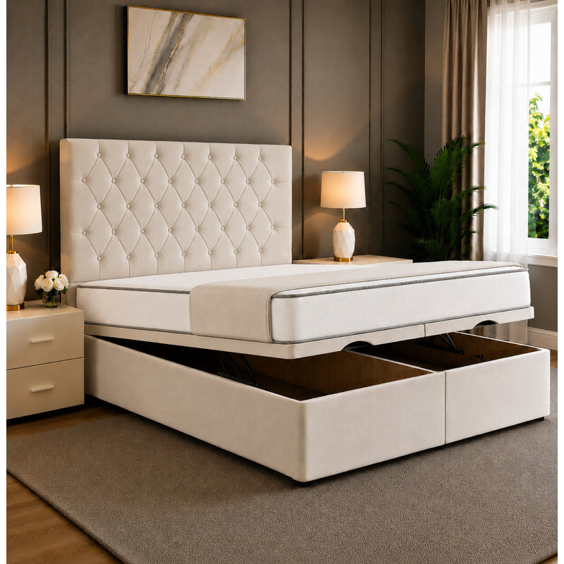 Axton Divan Chesterfield Storage Ottoman Bed Frame, 4FT Small Double Bed, Burnt Orange Plush Velvet