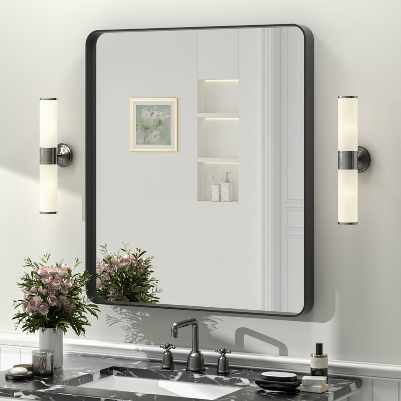 Molly Tempered Glass and Metal Framed French Cleat Mounted Wall Bathroom / Vanity Mirror, Black, 32'' x 28''