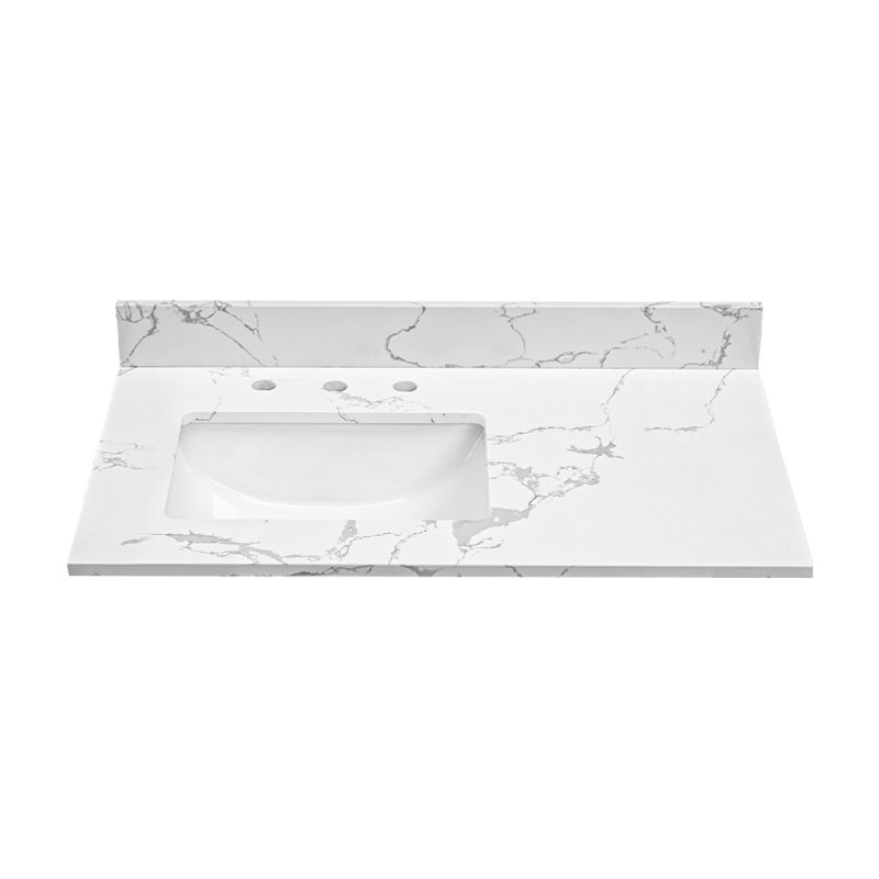 37" W Quartz Stone Vanity Top With Rectangular Undermount Sink And 4" Backsplash