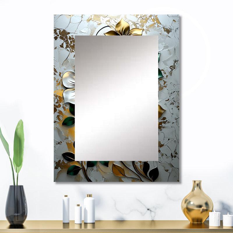 «Green and Gold Moroccan Floral Tiles IV» - miroir mural marocain, miroir décoratif traditionnel, impression d'art en métal