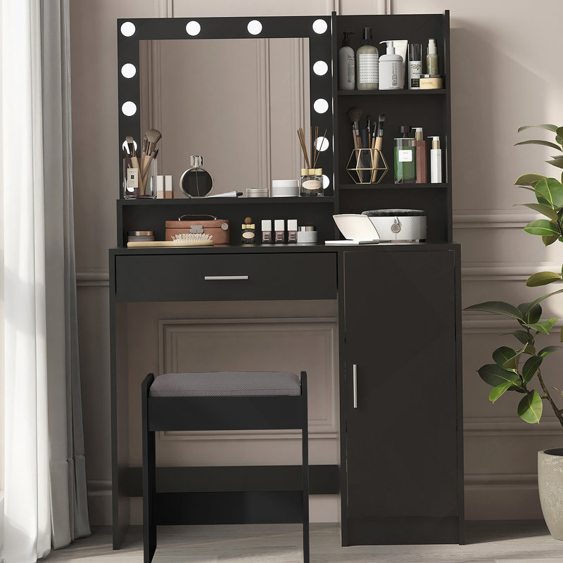 Vanity Desk With Mirror And Adjustable Lighting, Three - Level Storage Dresser For Organized Bedroom Makeup Routine, Black