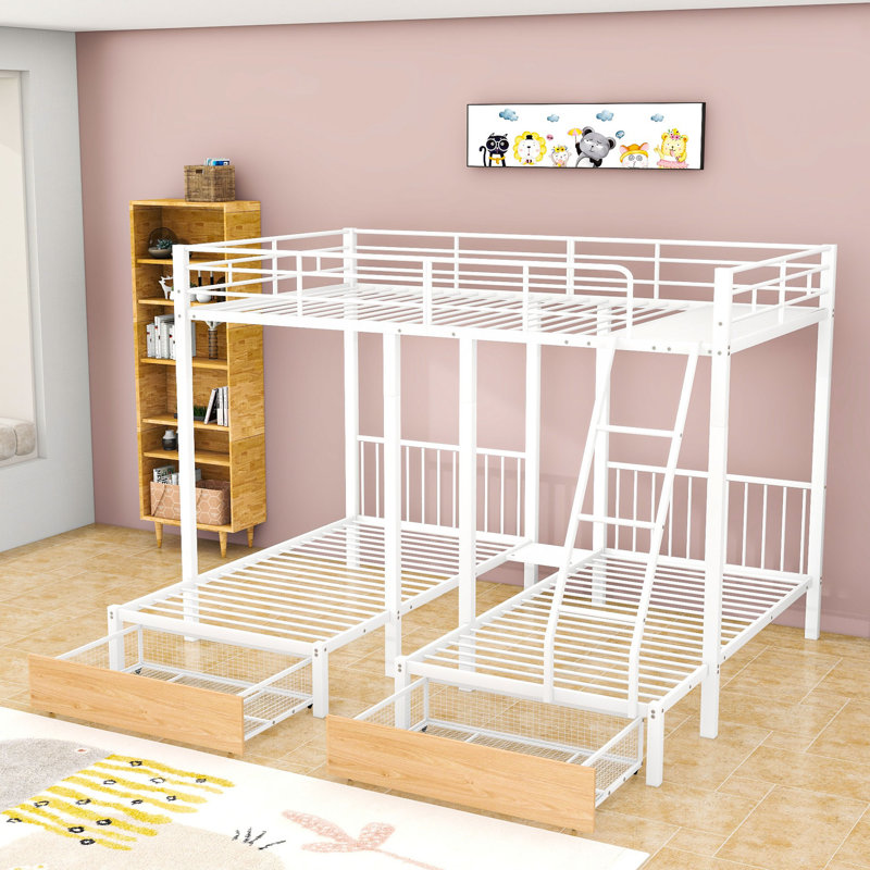 Lit double superposé double au-dessus de simple et double avec étagère et tiroirs de rangement, Blanc