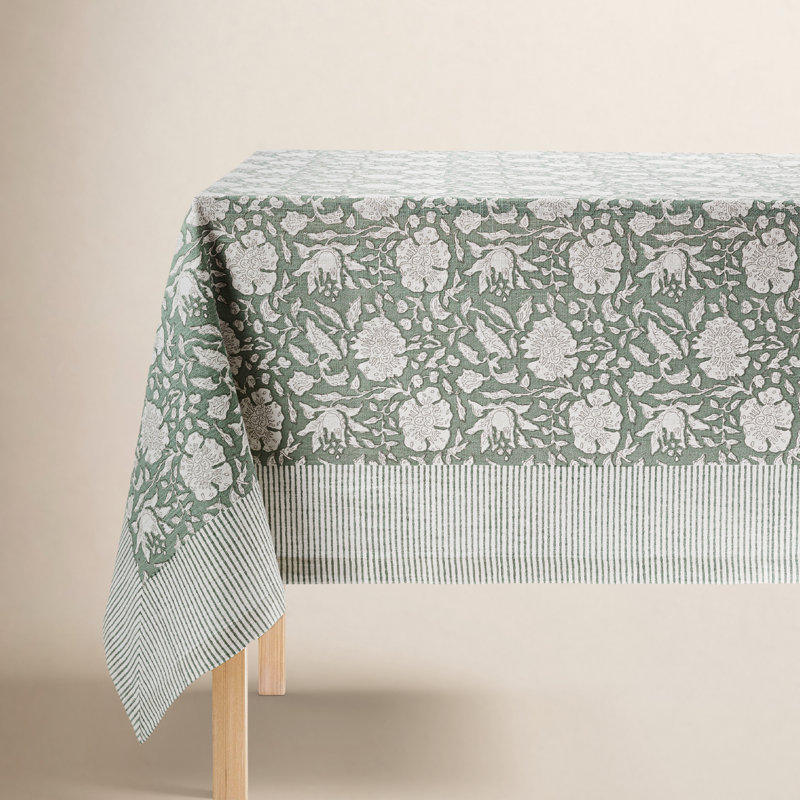 over&back Hand-Blocked Tablecloth, 70" W x 108" L, Green Floral