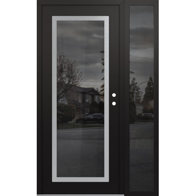 Panneau d'entrée droit en acier noir et noir transparent avec porte d'entrée avant en verre clair