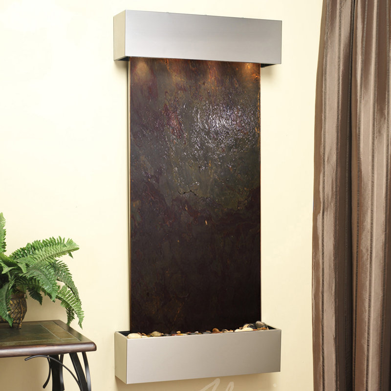 Cascade Springs Hand Crafted Natural Stone Weather Resistant Wall Base Fountain with Light, Blackened Copper