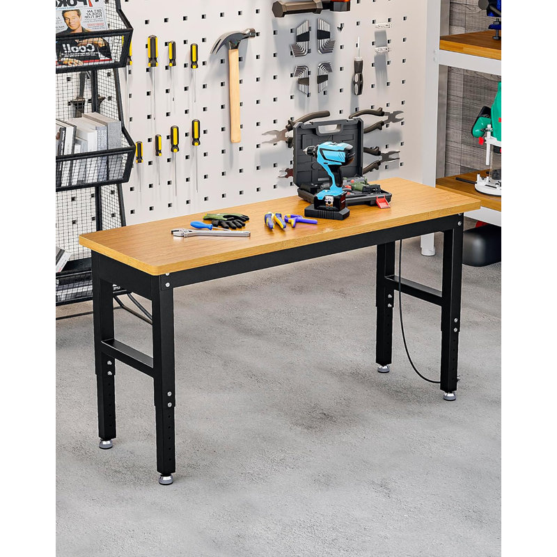 60" Heavy Duty Workbench, Max Capacity 2200 LBS Adjustable Height Solid Wood Work Bench Table, Work Bench Station for Garage, Shop, Home, Office