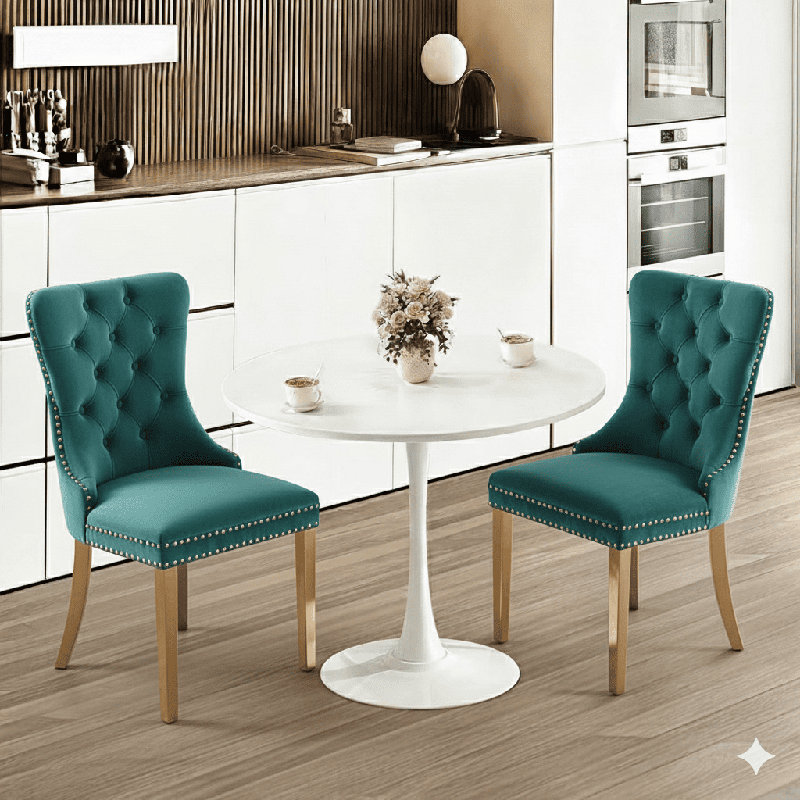 Ensemble de table de salle à manger rond avec 2 chaises, Blanc, Vert/doré