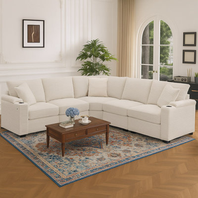 106" Convertible L-Shaped Sectional Sofa with Storage, Cup Holders, and USB Charger – Corduroy Corner Couch for Living Room