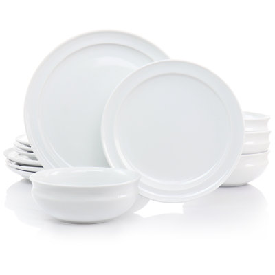 Martha Stewart 12 Piece Fine Ceramic Rimmed Dinnerware Set In White