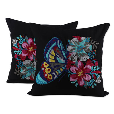 Novica Handmade Butterfly Universe Embroidered Cotton Cushion Covers (Pair)