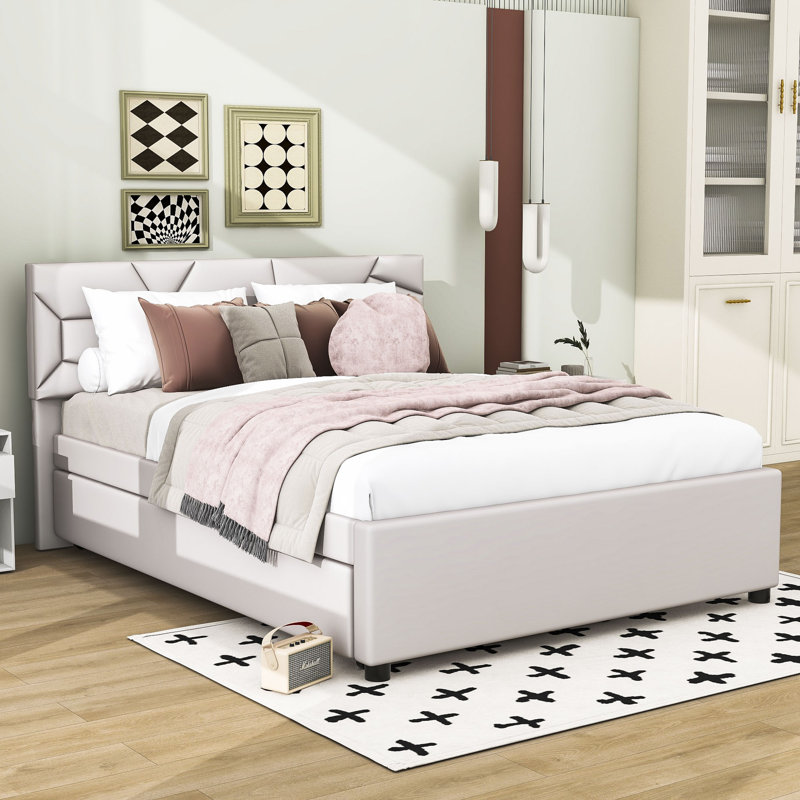 Lit plateforme tapissier avec gigogne et tête de lit Ellionna, Grand, Beige