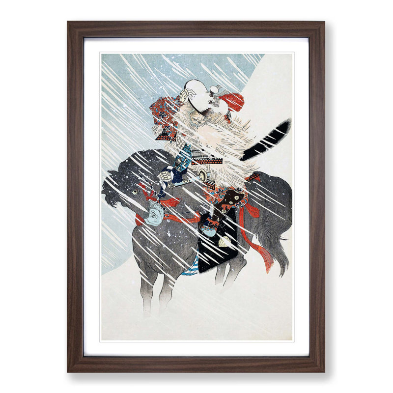 A Warrior in a Snow Storm by Toyohara Chikanobu - Picture Frame Painting, 50cm H x 35cm W x 2cm D, Walnut