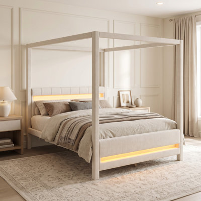 Lit plateforme à baldaquin capitonné Queen Size, tête et pied de lit éclairés par DEL, style moderne, chambre à coucher