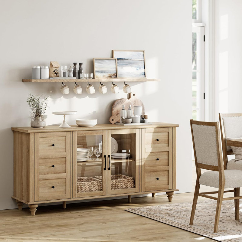 Buffet à porte vitrée - Armoire de rangement pour la cuisine et le salon, Chêne