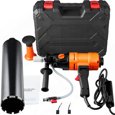Diamond Core Drilling Machine, 4In Handheld Wet Concrete Core Drill Rig, 1100-2400RPM Two Speed & 1-1/4" Thread & 2 Bubble Levels, 3-4In Drilling Diameter For Concrete Brick Block Stone, 1500W
