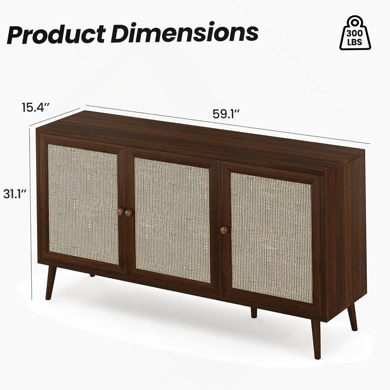 Sideboard Buffet Cabinet With 3 Rattan Doors, Kitchen Storage Cabinet For Entryway Living Room, Walnut