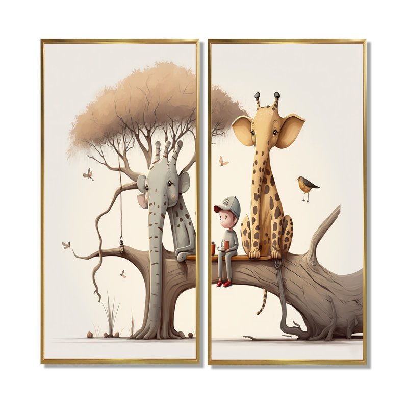 Giraffe And Elephant With Kids - Cream Canvas Prints, 40" H x 40" W, Impression encadrée flottante, Gold