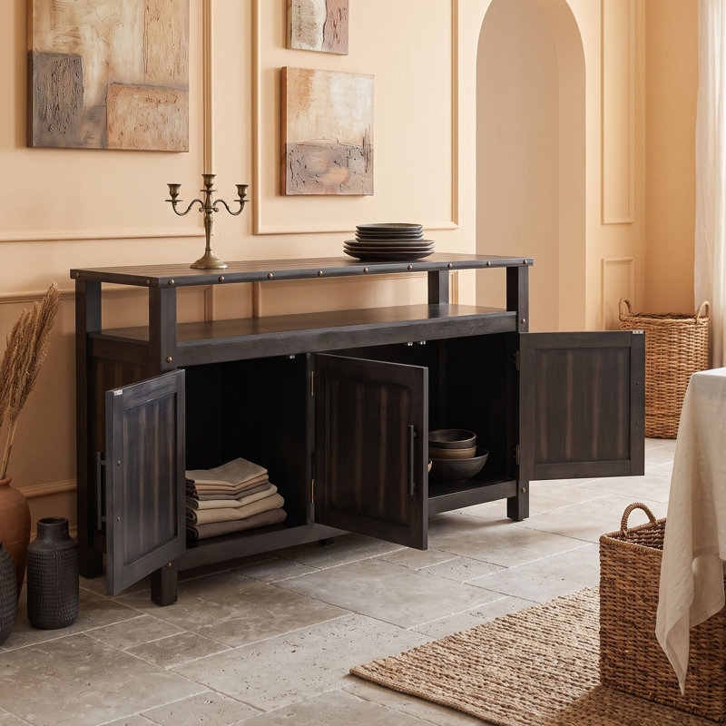 Buffet en bois à 3 portes avec tablette ouverte, rivets en métal et pieds réglables pour la salle à manger, Noir