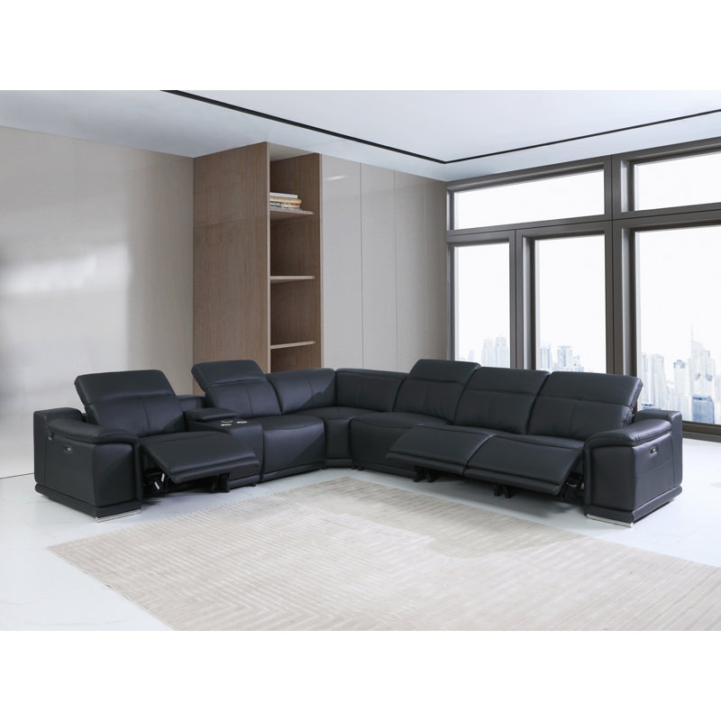 Laurita Genuine Top Grain Italian Leather Symmetrical Reclining Corner Sectional, Black Genuine Leather