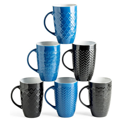 Large Coffee Mugs Set of 6, 16oz Ceramic Tall Coffee Mugs Set with Textured Geometric Patterns