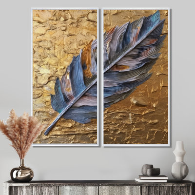 Boho Glam Exquisite Blue Feather On Gold Painting - Large Feathers Wall Decor