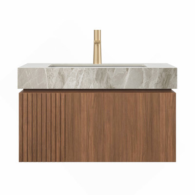 Meuble-lavabo de 30 po avec lavabo, armoire de rangement murale en contreplaqué avec tiroir et porte, comptoir en pierre frittée gris clair et lavabo en céramique