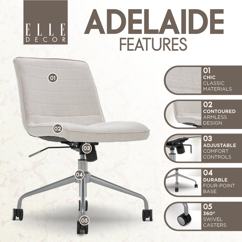 Elle Decor Adelaide Home Armless Office Task Chair, Ivory