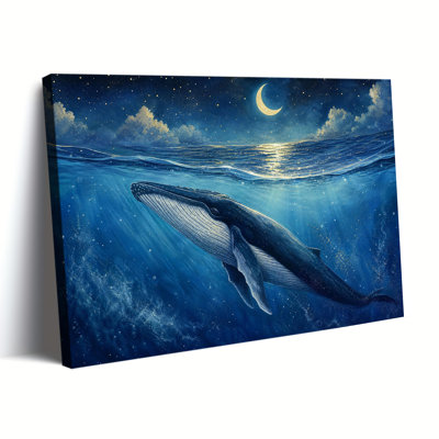 «Midnight Crescent Moon Whale Ocean», art mural sous-marin étoilé bleu mer, peinture de paysage pour chambre à coucher moderne, décor de chambre de bébé
