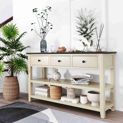 Console rétro avec deux tablettes ouvertes, structure en bois de pin massif et pieds pour le salon (espresso et beige)