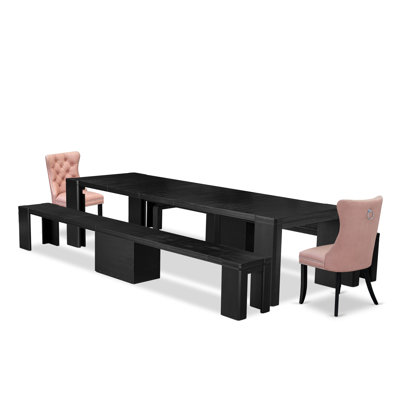 Ensemble de table de salle à manger 5 pièces, 2 bancs en bois et 2 chaises de salle à manger en tissu de polyester rouge beige, finition noire brossée.