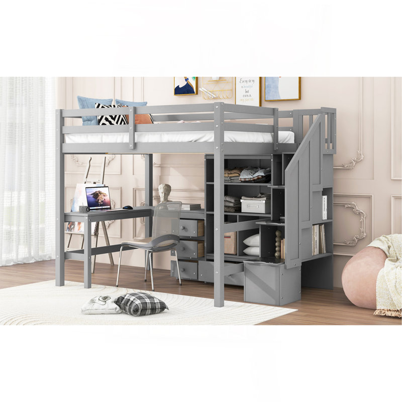 Lit mezzanine double avec bureau en L et tiroirs, armoire et escalier de rangement, gris